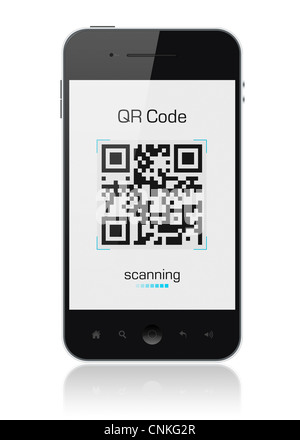 Moderne mobile Smartphone mit QR Code Scanner auf dem Bildschirm. Enthalten Sie Beschneidungspfad für Telefon und Bildschirm. Stockfoto
