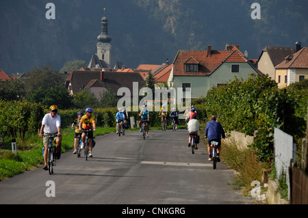 Eine Gruppe von Radfahrern fuhr durch das Dorf Unterloiben im Weinbaugebiet Wachau in Niederösterreich. Stockfoto