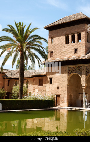 Damen-Turm (Torre de Las Damas) und Gärten des Partal an der Alhambra in Granada Stockfoto