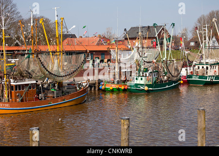 Shrimp-Kutter im Hafen von Greetsiel, Ostfriesland, Niedersachsen, Deutschland Stockfoto