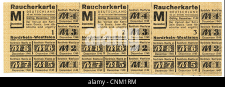 Rauchers Rationierungskarte, 1948 für North Rhine-Westphalia, amerikanischen und britischen Besatzungszone, Deutschland, Europa, Stockfoto