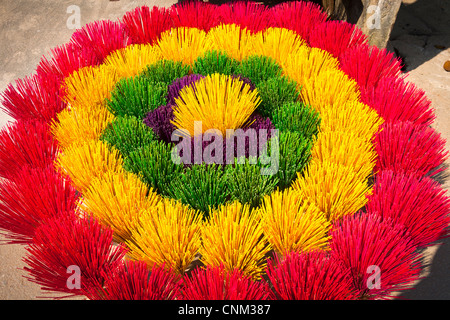 Bunte Bündel von Räucherstäbchen zu verkaufen, angeordnet wie eine Blume, Thuy Xuan Hut Dorf in der Nähe von Hue, Vietnam Stockfoto