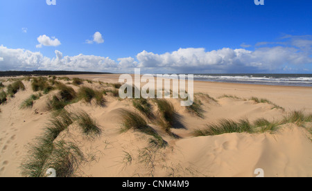 Dünen und Meer am Holkham Bucht an der Küste von North Norfolk. Stockfoto