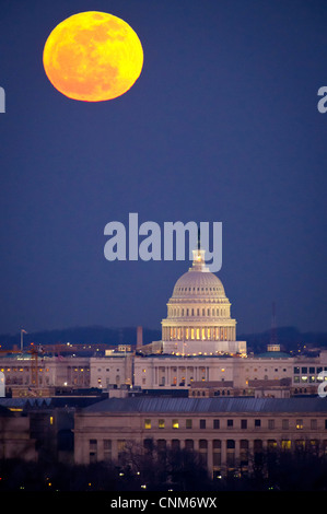 Eine massive Vollmond steigt über dem US Capitol Gebäude 7. Februar 2012 in Washington, DC. Stockfoto