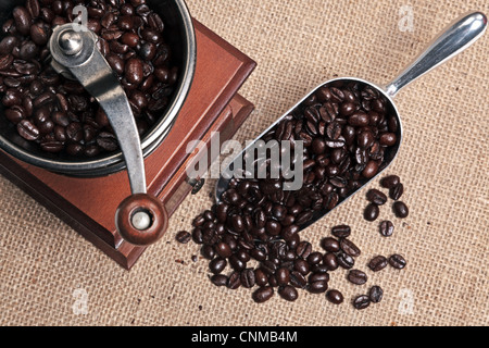 Foto von Hand betrieben traditionelle Kaffeemühle mit einer Schaufel voll von Arabica-Bohnen auf eine hessische Hintergrund. Stockfoto