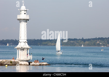 Genfer See Leuchtturm, Genfer See, Genf, Schweiz, Europa Stockfoto