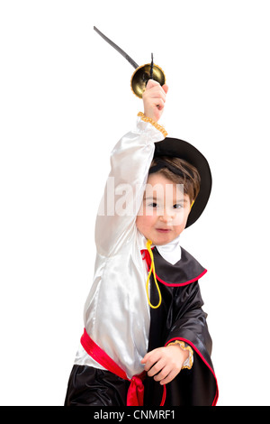 Junge mit Karnevalskostüm. Kleine Kämpfe Zorro. Stockfoto