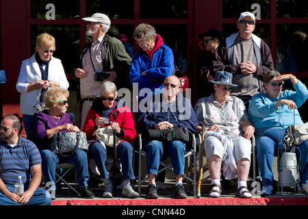 Leute beobachten die Schleppkante der Schaf-Parade auf der Main Street in Ketchum, Idaho, USA. Stockfoto