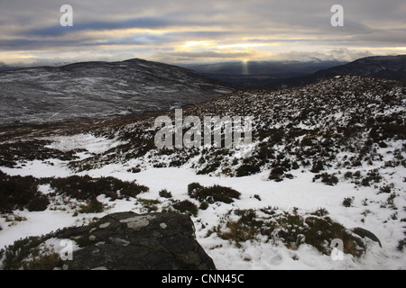 Schnee bedeckte Hochland Lebensraum entfernten Sonnenstrahlen Monadhliath Mountains Strathspey Cairngorm N.P Highlands Schottland Dezember anzeigen Stockfoto