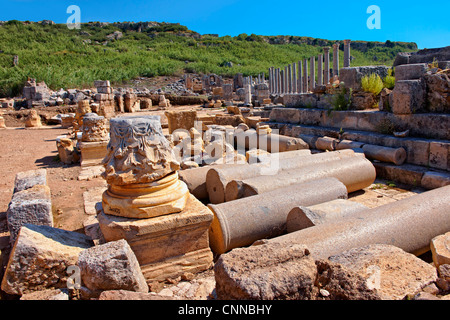 Ruinen der römischen Säulen Straße Geschäfte & Geschäften gesäumt war. Archäologische Stätte Perge (Perga), Türkei Stockfoto