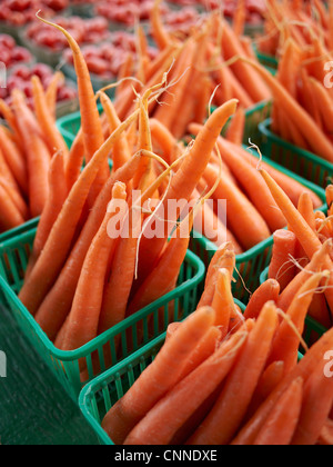 Körbe mit Karotten auf St Jakobs Bauernmarkt, St Jacobs, Ontario, Kanada Stockfoto