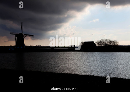 Typische holländische Landschaft mit Windmühle und Gewitterhimmel, Texel, Ostfriesischen Inseln im Wattenmeer, Holland, Niederlande, Europa Stockfoto