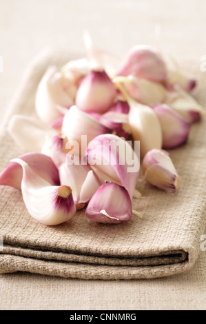 Nahaufnahme der Knoblauchzehen auf Stoffserviette Stockfoto