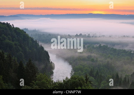 Sonnenaufgang und Nebel im Isartal, Wolfratshausen, Isar-Tal, Upper Bavaria, Bayern, Deutschland Stockfoto