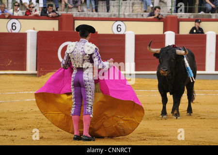 Stierkampf Matador Kap Kampfstier aufgespießt Banderillas in Stierkampfarena "Tercio de Banderillas" Bühne Stierkampf Spanien september Stockfoto