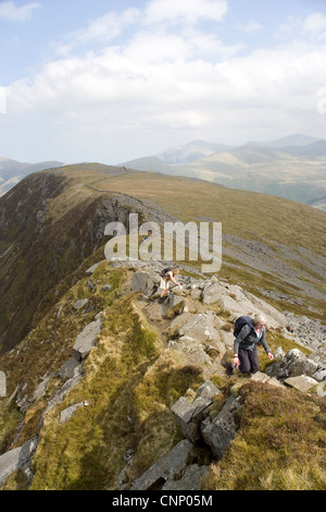 Gruppe von Wanderern Klettern entlang Nantlle Ridge in Snowdonia in Nord-Wales Stockfoto