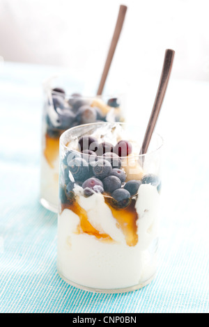 Nahaufnahme von griechischem Joghurt mit Honig und Heidelbeeren Stockfoto