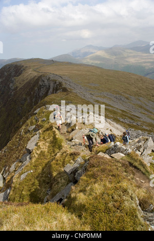 Gruppe von Wanderern Klettern entlang Nantlle Ridge in Snowdonia in Nord-Wales Stockfoto