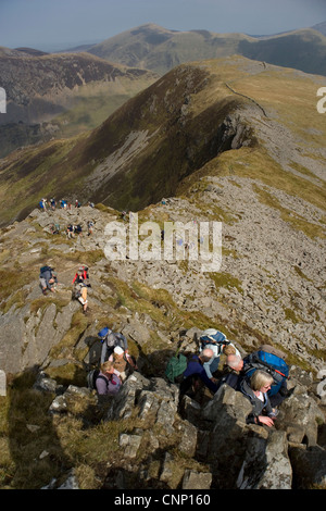 Gruppe von Wanderern Klettern entlang Nantlle Ridge in Snowdonia in Nord-Wales Stockfoto