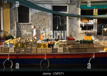 Schwimmende grüne Lebensmittelhändler, Rio di San Barnaba, Venedig, Italien. Stockfoto