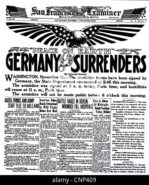 ERSTEN Weltkrieg Waffenstillstand wie berichtet von den San Francisco Examiner im Jahre 1918 Stockfoto