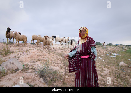 Rund um Sidi Bouzid sind viele kleine Dörfer und viel Ackerland und Wiesen, wo der Hirte Juma ihre Schafe nimmt. Stockfoto