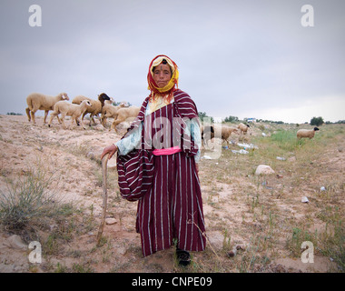 Rund um Sidi Bouzid sind viele kleine Dörfer und viel Ackerland und Wiesen, wo der Hirte Juma ihre Schafe nimmt. Stockfoto