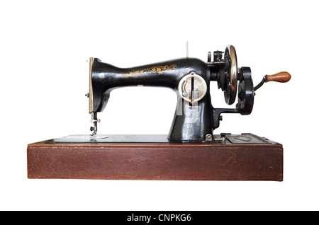 Vintage Nähmaschine auf weißem Hintergrund Stockfoto