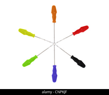 Sechs Schraubendreher mit bunten griffen auf weißem Hintergrund Stockfoto