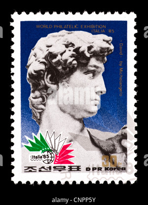 Briefmarke aus Nordkorea zeigt den Kopf der Statue "David" von Michelangelo. Stockfoto