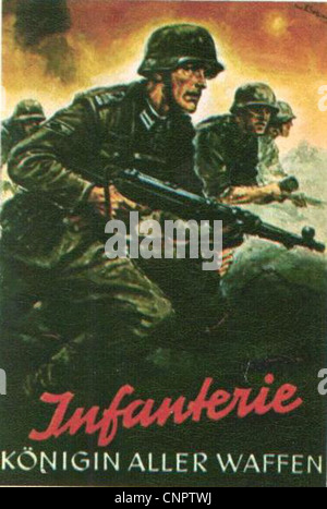 Propagandaplakate aus dem Zweiten Weltkrieg wurden erstellt, um die Kriegsanstrengungen zu unterstützen, die Moral zu stärken und die Teilnahme der Zivilbevölkerung zu fördern. Diese Plakate zeigten oft patriotische Botschaften, Rekrutierungsaufrufe und Warnungen vor den Achsenmächten wie Nazi-Deutschland. Das Kunstwerk vermittelt ein Gefühl der Dringlichkeit und Einheit für den Sieg. Stockfoto