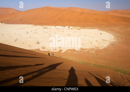 Kurz nach Sonnenaufgang bis Dead Vlei von der Spitze des 80 m hohen Düne 45 im Sossusvlei, Südliches Namibia, Afrika anzeigen Stockfoto