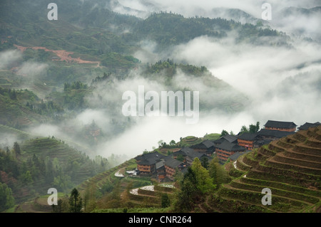 Da Zhai Dorf unter den Wolken und Reisterrassen Stockfoto