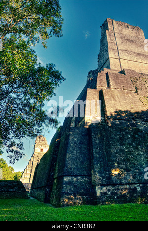 Tikals Tempel I und Tempel II in die große Plaza gegenüberstehen. Stockfoto