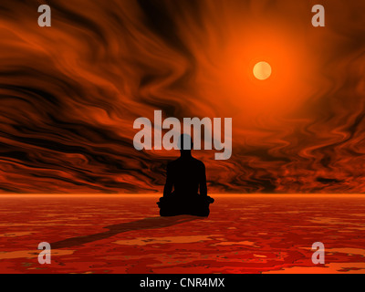 Menschen, die meditieren auf rotem Grund vor der brennenden Sonne Stockfoto