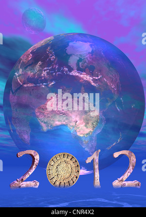 Aztekische Kalender stattdessen Null im Jahr 2012 vor einem transparenten blauen Erde Stockfoto