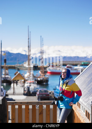 Fotografen stehen auf hölzerne dock Stockfoto