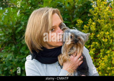 Yorkshire Terrier (Canis Lupus F. Familiaris), Frau stehen im Garten eine männliche Yorkshire-Terrier auf dem Arm halten Stockfoto