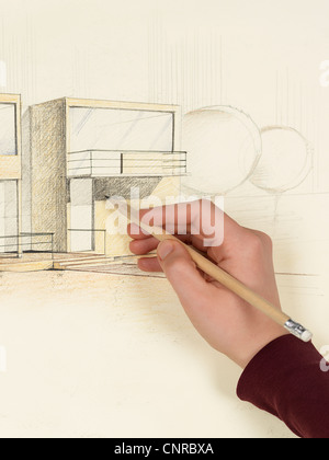 Frau der Handzeichnung architektonischen Sicht modernen Hauses Stockfoto