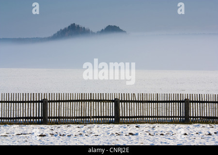 Holzzaun in verschneiter Landschaft mit Nebel, Deutschland, Sachsen, Vogtlaendische Schweiz Stockfoto