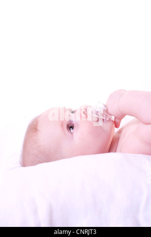 Baby liegend mit Schnuller im Mund Stockfoto