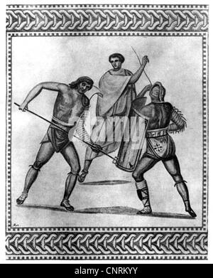Antike, Römisches Reich, Gladiatoren, Secutor kämpfen ein Retiarius, im Hintergrund ein Schiedsrichter, Bodenmosaik, Detail, Villa Stockfoto