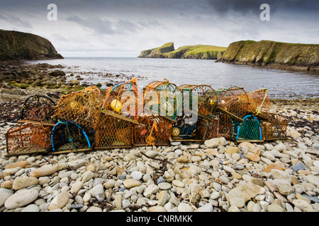Net für Garnelen am Strand in der Bucht South Haven, Fair Isle, Großbritannien, Schottland, Shetland-Inseln, Fair-Isle zu beugen Stockfoto