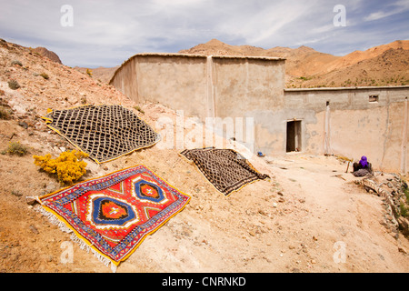 Marokkanische Teppiche vor einem Berber-Haus in einem Tal im Anti-Atlas-Gebirge in Marokko, Nordafrika. Stockfoto