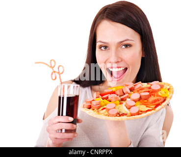 Dünne Frau Holding Pizza. Isoliert. Stockfoto