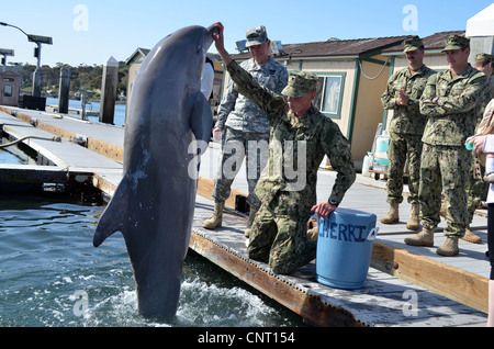 Vorsitzender der Joint Chiefs Of Staff General Martin E. Dempsey besucht die Navy Marine Mammal Program und erhält eine Tour von Seglern, Explosive Ordnance Mobile Abfallbehälter 12. März 2012 in Coronado, Kalifornien zugewiesen. Die Navy marine Mammal Program nutzt Seelöwen und Delfine zu markieren und Objekte abrufen Stockfoto