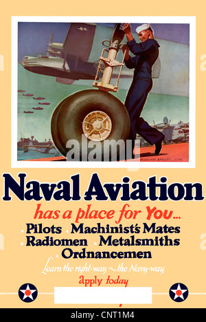 Vintage Weltkrieg Poster Flugzeuge fliegen im Hintergrund und uns Marine Seemann arbeiten am Fahrwerk eines Flugzeugs. Stockfoto