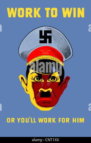 Dieses Vintage Poster des zweiten Weltkriegs bietet eine Karikatur Adolf Hitler. Stockfoto