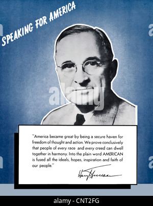 Digital restauriert Krieg-Propaganda-Plakat. Präsident Harry S. Truman für Amerika zu sprechen. Stockfoto