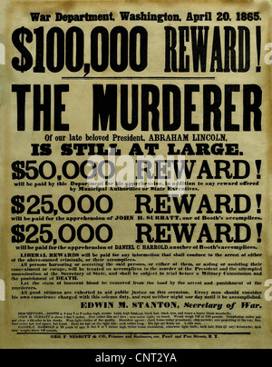Vintage Bürgerkrieg Plakat eine Belohnung für den Fang von Präsident Abraham Lincoln Attentäter. Stockfoto